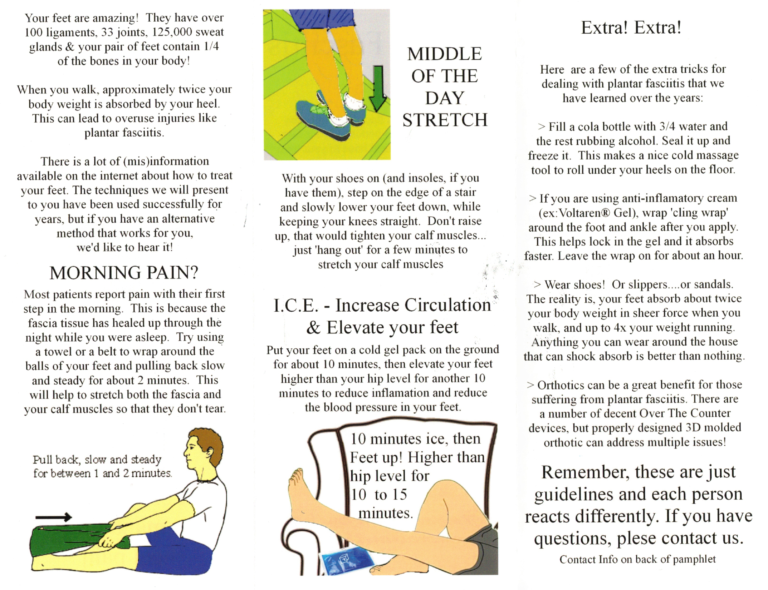 Printable guide showing morning stretches and ICE treatment tips to relieve heel pain, provided by Custom Orthopedic Edmonton.