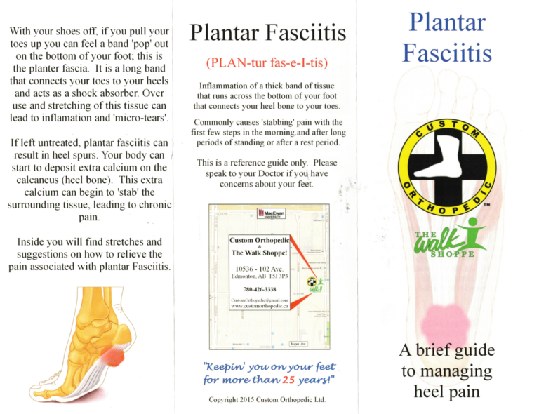 Printable guide showing an overview of plantar fasciitis and heel pain, provided by Custom Orthopedic Edmonton.
